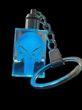 Punisher Skull Crystal Keychain with Multicolor LED Lights, Rectangular 3D Laser